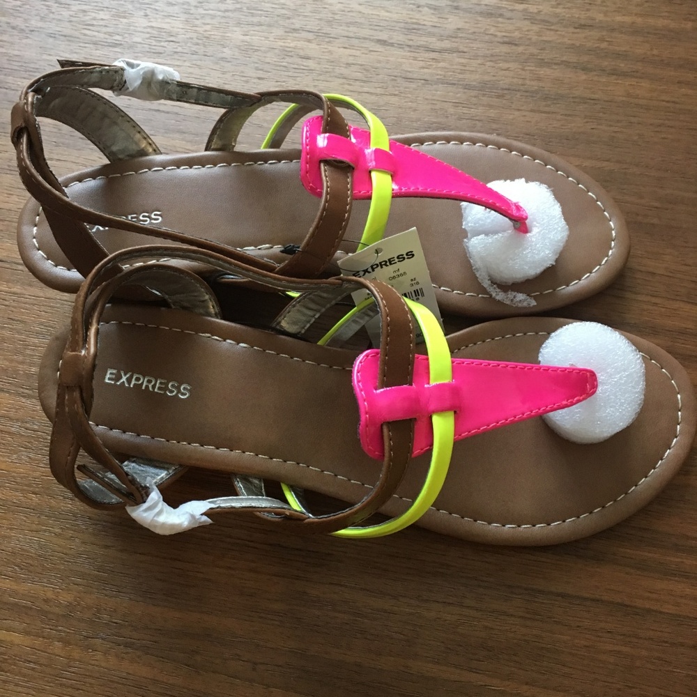 Express Neon Pink & Yellow Wedge Sandals, size 8